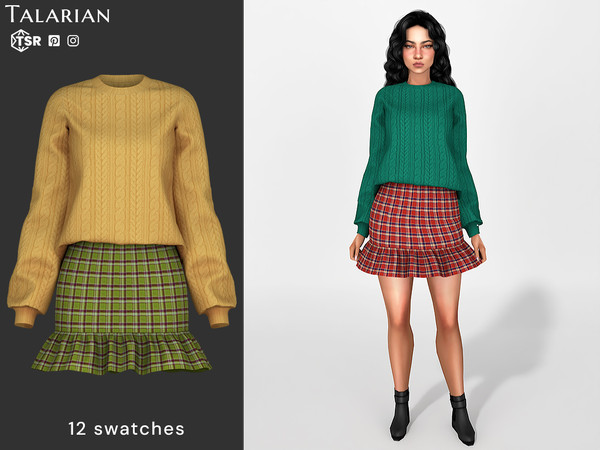 Sims 4 — Oaklyn Knit Sweater Skirt Outfit by talarian — Outfit combining a long-sleeve cable knit sweater with a