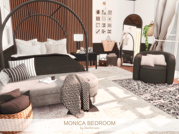 Sims 4 — Monica Bedroom by BlusterSims — The Monica Bedroom is a warm, modern retreat blending soft neutrals, dark