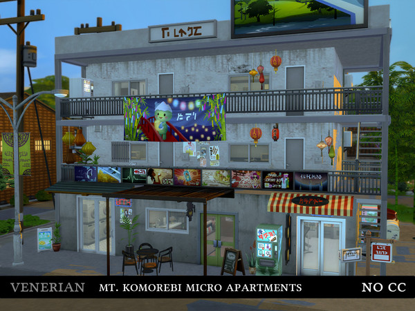 Sims 4 — Mt. Komorebi Micro Apartments (NO CC) by Venerian — A small apartment complex containing four tiny units. Each
