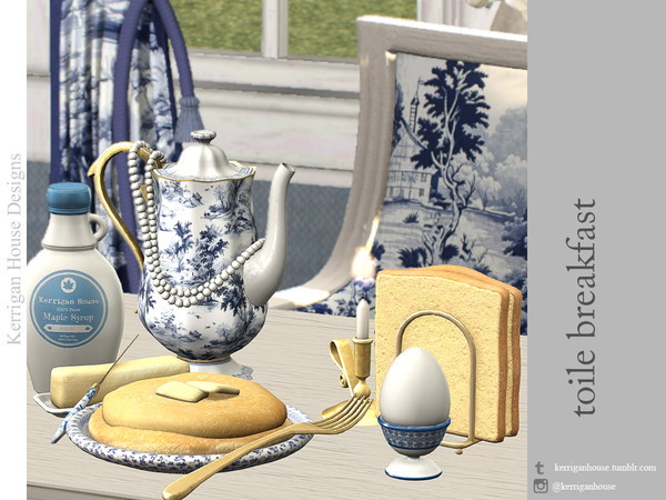 Sims 4 — Toile Breakfast Decor by kerriganhouse — An elegant Toile de Jouy theme breakfast set.