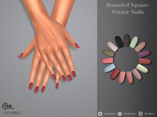 Sims 4 — Rounded Square Winter Nails by LVNDRCC — Short squoval manicure in practical and trendy winter shades, with soft