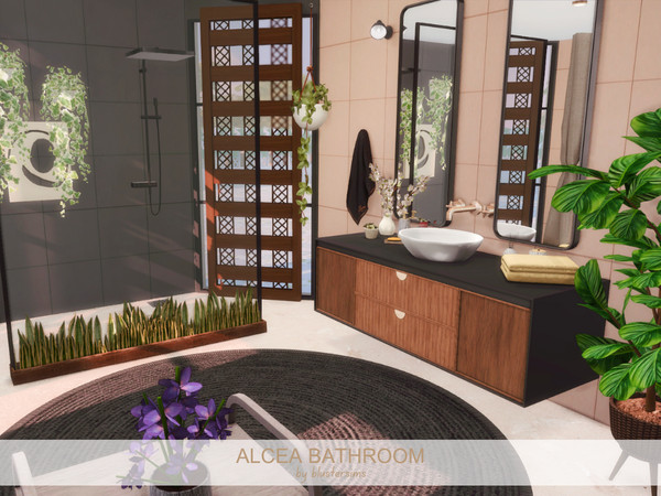 Sims 4 — Alcea Bathroom by BlusterSims — Alcea Bathroom is a serene, modern space blending warm wood, soft blush tiles,