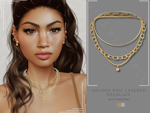 Sims 4 — PATREON Golden Disc Layered Necklace by Glitterberryfly — A gold chain necklace with 3 layers with golden