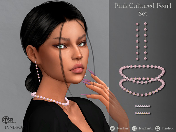 Sims 4 — Pink Cultured Pearl Set by LVNDRCC — Set of long, dangling earrings, pearl necklace and a ring with gold and