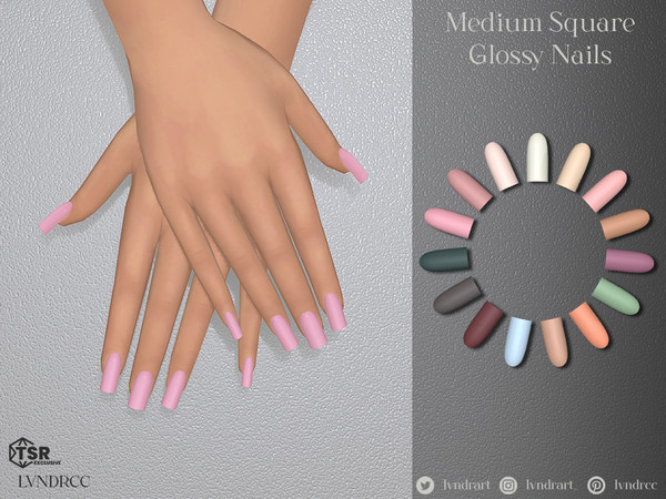 Sims 4 — Medium Square Glossy Nails by LVNDRCC — Square manicure in an array of light, pastel shades and dark, winter