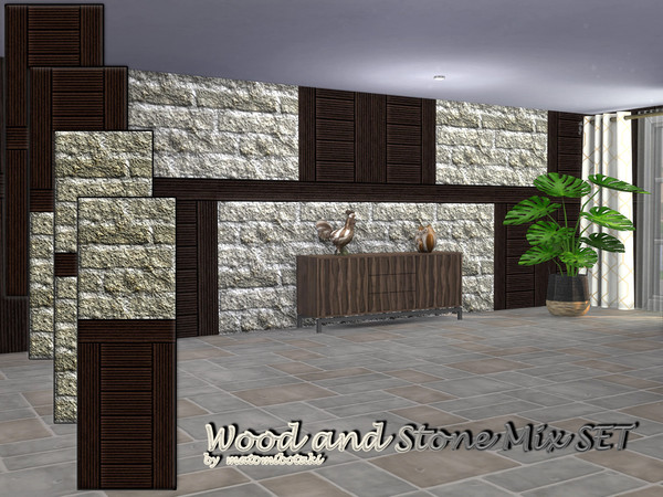Sims 4 — Wood and Stone Mix SET by matomibotaki — Wooden cladding and rough brickwork in the upper part, 4 different