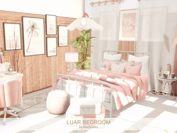 Sims 4 — Luar Bedroom by BlusterSims — The Luar Bedroom is a soft, airy retreat with blush tones, warm wood accents, and