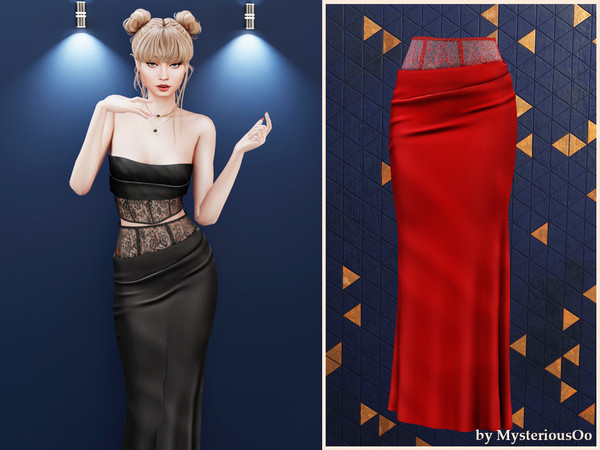 Sims 4 — Lace insert maxi skirt by MysteriousOo — Long fitted skirt with lace insert detail