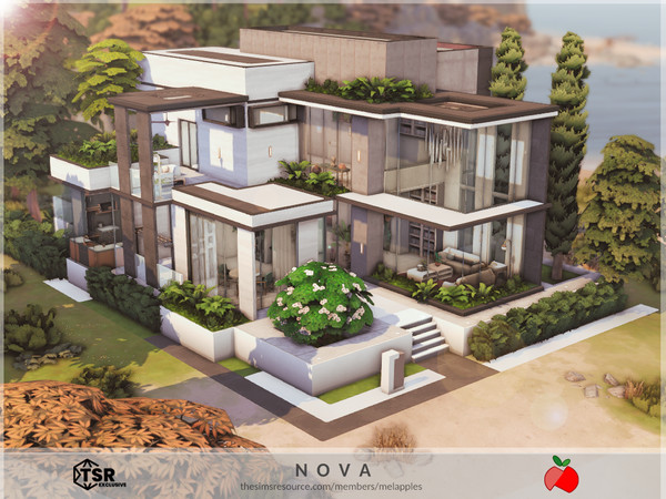 Sims 4 — Nova - no cc by melapples — a modern double storey home with a dark palette. 1st floor: living room 1, dining