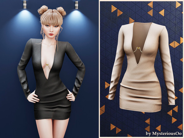 Sims 4 — Deep V accent mini dress by MysteriousOo — Body-hugging mini dress with deep neckline and sculpted detail