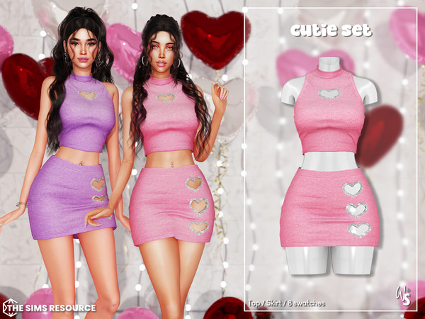 Sims 4 — Cutie Clothing Set by WisteriaSims — cute top and skirt outfit with hearts, available in 8 colors