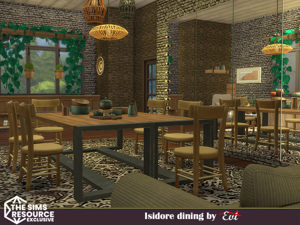 Sims 4 — Isidore Diningroom by evi — A dining room decorated and furnished with wood, wicker and pottery items.