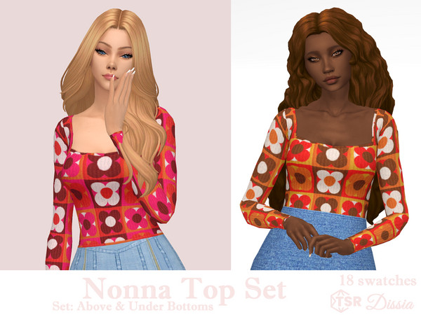 Sims 4 — Nonna Top by Dissia — Long sleeves square cleavage retro flowers squares pattern top