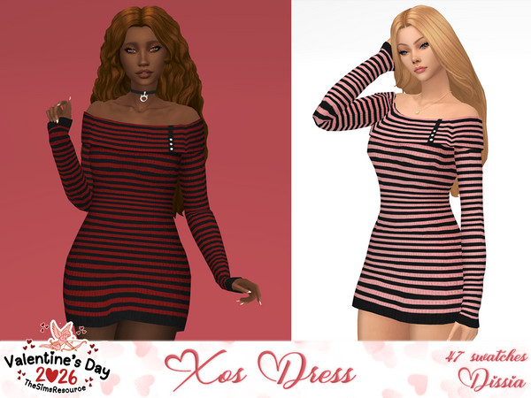 Sims 4 — Xos Dress by Dissia — Stripes bare shoulders long sleeves ribbed short dress