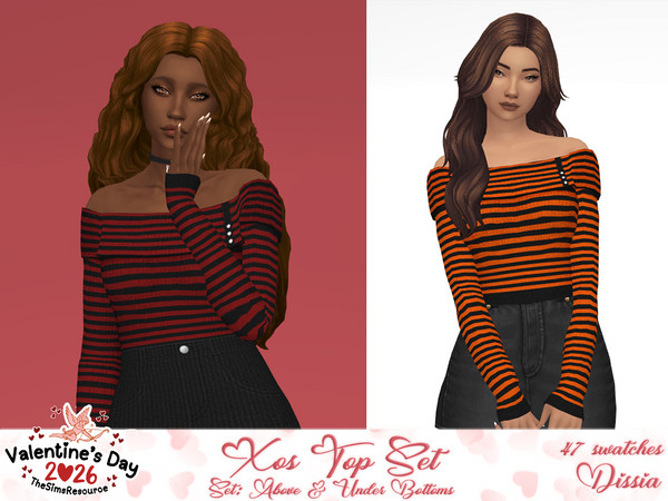 Sims 4 — Xos Top v2 (Above Bottoms) by Dissia — Stripes bare shoulders long sleeves ribbed top