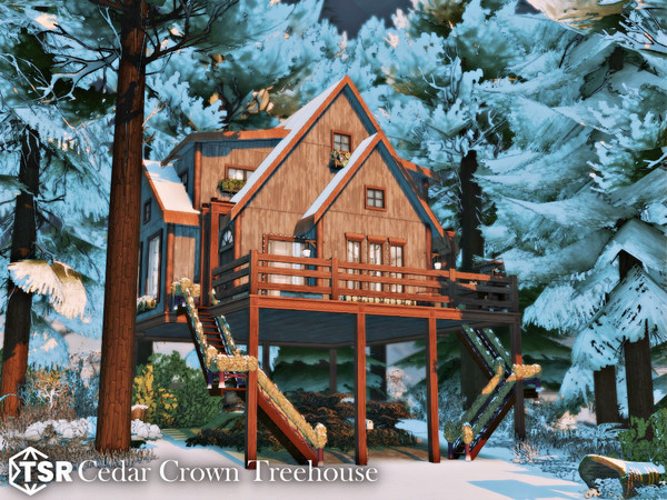 Sims 4 — Cedar Crown Treehouse l noCC by simZmora — A cozy treehouse villa designed as a warm and welcoming family home