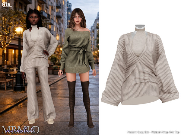 Sims 4 — MERMALADE Modern Cozy Set Ribbed Wrap Knit Top MC645 by Mermalade — Modern Cozy Ribbed Wrap Knit Top