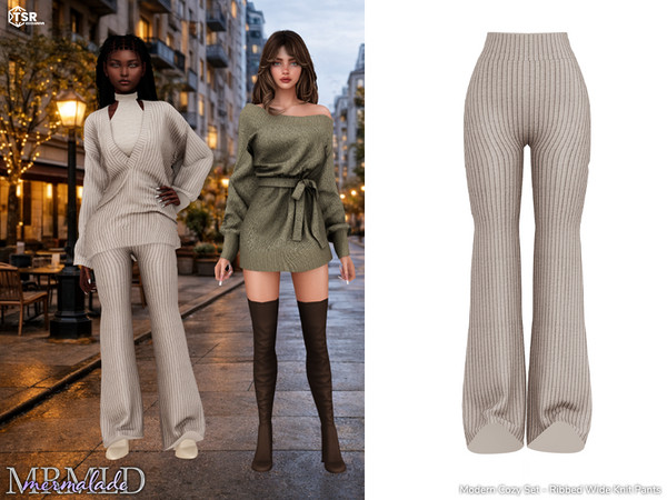 Sims 4 — MERMALADE Modern Cozy Set Ribbed Wide Knit Pants MC646 by Mermalade — Modern Cozy Ribbed Wrap Knit Top