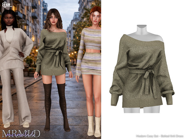 Sims 4 — MERMALADE Modern Cozy Set Belted Knit Dress MC648 by Mermalade — Modern Cozy Ribbed Wrap Knit Top
