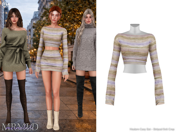 Sims 4 — MERMALADE Modern Cozy Set Striped Knit Crop MC649 by Mermalade — Modern Cozy Ribbed Wrap Knit Top