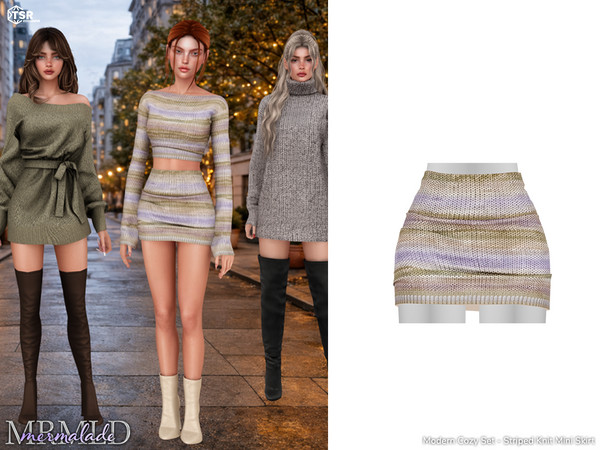 Sims 4 — MERMALADE Modern Cozy Set Striped Knit Mini Skirt MC650 by Mermalade — Modern Cozy Ribbed Wrap Knit Top