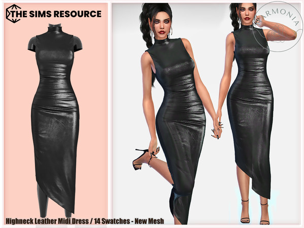 Sims 4 — Highneck Leather Midi Dress by Harmonia — New Mesh