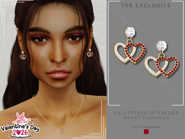 Sims 4 — Valentine's Diamond and Ruby Interlock Earrings by Glitterberryfly — An interlocked heart gold earring with ruby