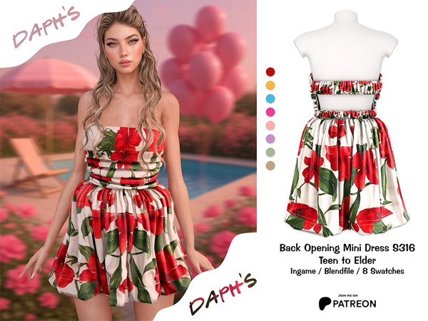 Sims 4 — PATREON - Back Opening Mini Dress S316 by Daph's — A feminine mini dress featuring a back opening design and a