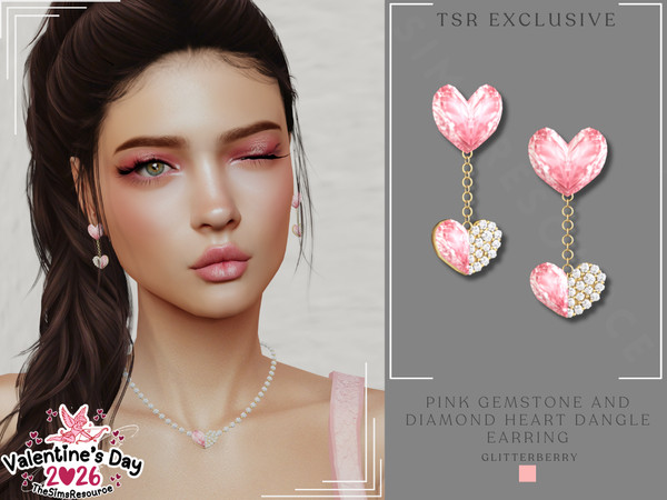 Sims 4 — Pink Gemstone Diamond Dangle Earrings by Glitterberryfly — A pink gemstone heart dangle earring set in gold