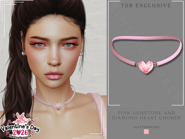 Sims 4 — Pink Gemstone Heart Choker by Glitterberryfly — A pink choker with heart pendant