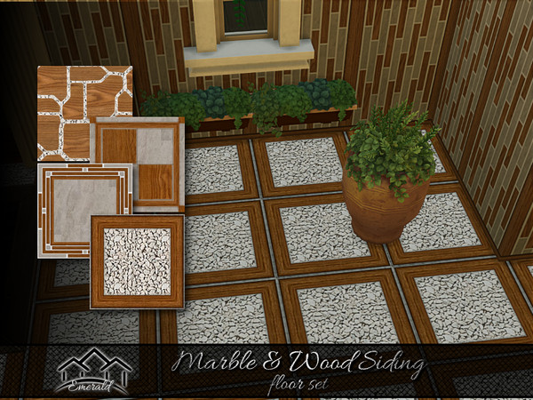 Sims 4 — Marble & Wood Siding floor set by Emerald — Get the perfect pairing when using wood and marble. These panels