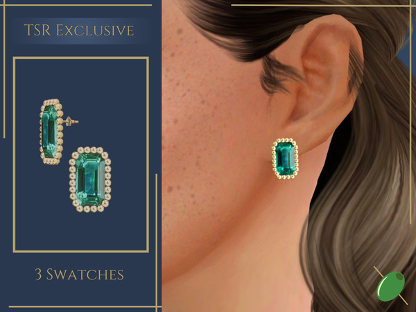 Sims 4 — Emerald Rectangular Studs by Pitted0live — Large emerald studs with a gold bead detail Custom catalog image