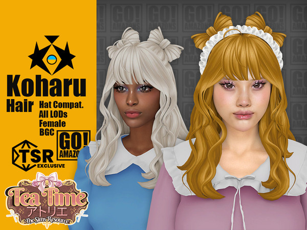 Sims 4 — Koharu Hair (Tea Time Atelier) by GoAmazons — Long wavy hairstyle with bangs and bows.