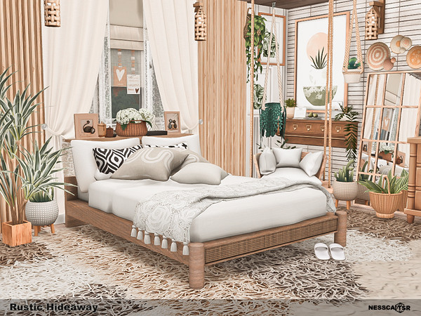 Sims 4 — Rustic Hideaway by Nessca — Rustic Hideaway blends warm wood tones, soft textiles, and gentle natural light into
