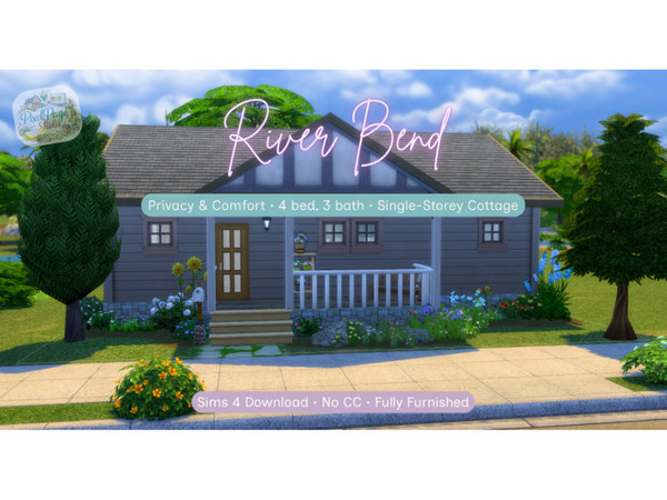Sims 4 — River Bend by PixelPageStudio — River Bend is a cosy single-storey residential cottage featuring 2 bedrooms each