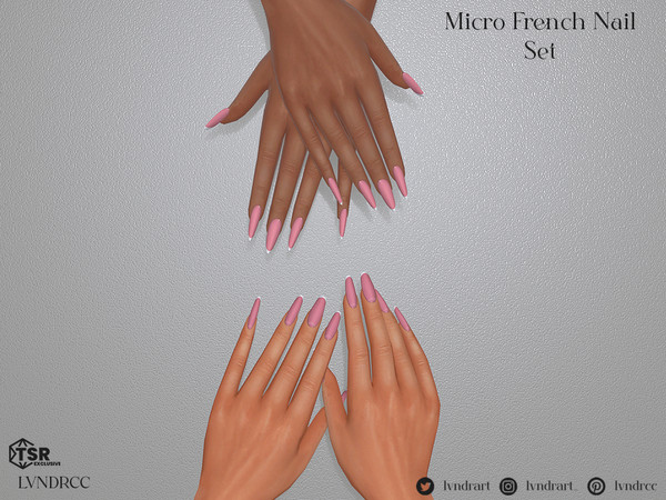 Sims 4 — Micro Fench Nail Set by LVNDRCC — Long manicure on a neutral pink base, with trendy micro french style detail,