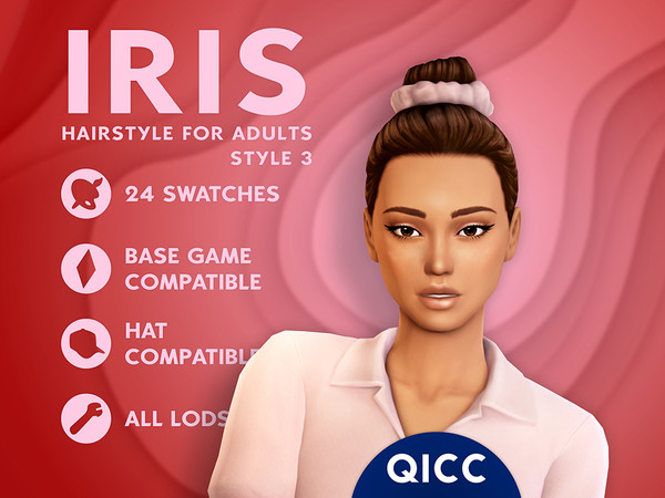 Sims 4 — Iris Hair Style 3 by qicc — A high bun with a scrunchy. - Maxis Match