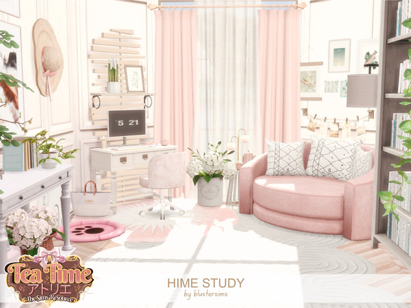 Sims 4 — Hime Study by BlusterSims — Hime Study is a soft, pastel inspired home office set featuring blush seating, light