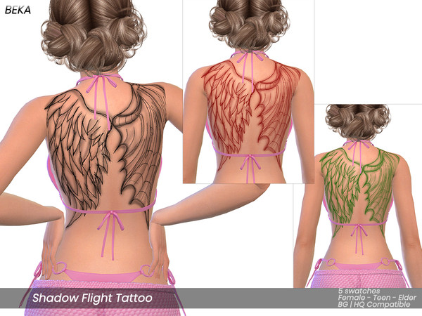 Sims 4 — Shadow Flight Tattoo by Beka_Creations — 5 swatches Allowed for teen-elder female BG Compatible HQ mod
