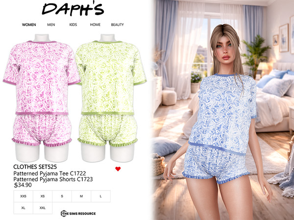 Sims 4 — CLOTHES SET525 by Daph's — A soft and stylish patterned pajama set featuring a relaxed fit tee and ruffle-trim