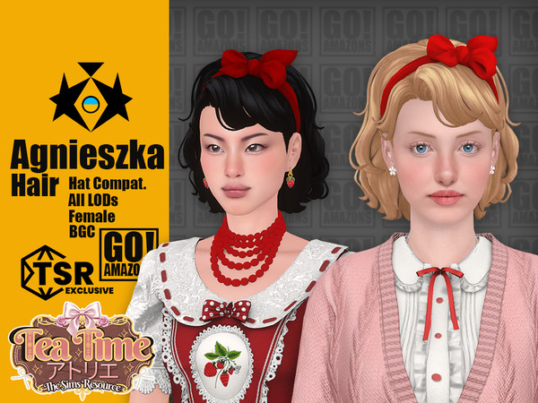 Sims 4 — Agniezska Hair (Tea Time Atelier) by GoAmazons — Wavy bob hairstyle with bangs and the bow hairband. Accessory