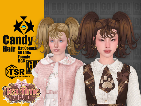 Sims 4 — Candy Hair (Tea Time Atelier) by GoAmazons — Cute pigtail hairstyle with curly bangs in maxis style.