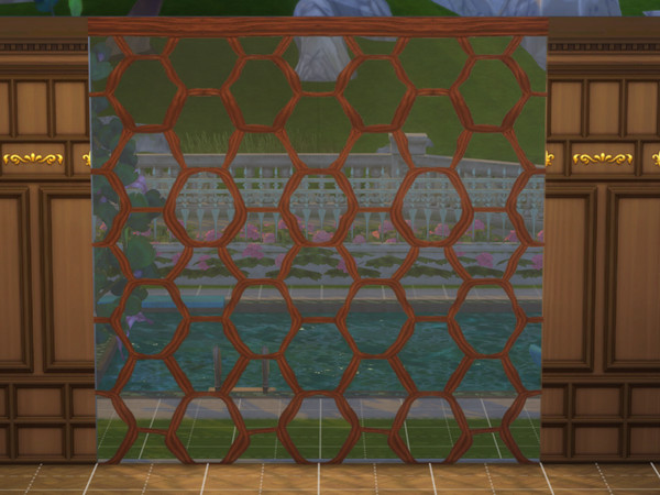 Sims 4 — Glass wall reframe diamond by EdnaScissorhands — The rest of the glass walls reframed with wooden details.