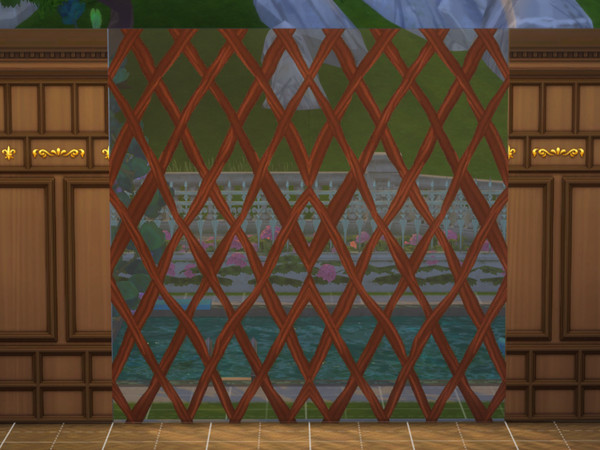 Sims 4 — Glass wall reframe scrollwork by EdnaScissorhands — The rest of the glass walls reframed with wooden details.
