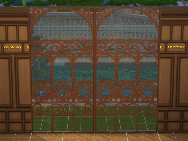 Sims 4 — Glass wall reframe wide by EdnaScissorhands — The rest of the glass walls reframed with wooden details.