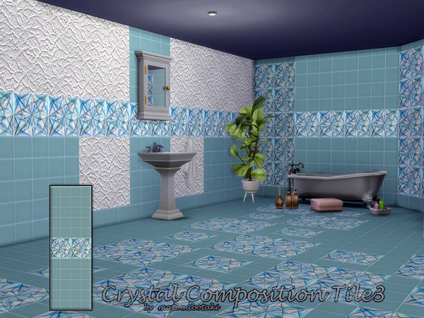 Sims 4 — Crystal Composition Tile3 by matomibotaki — 4 coordinated tile walls, some combined with woodchip wallpaper and