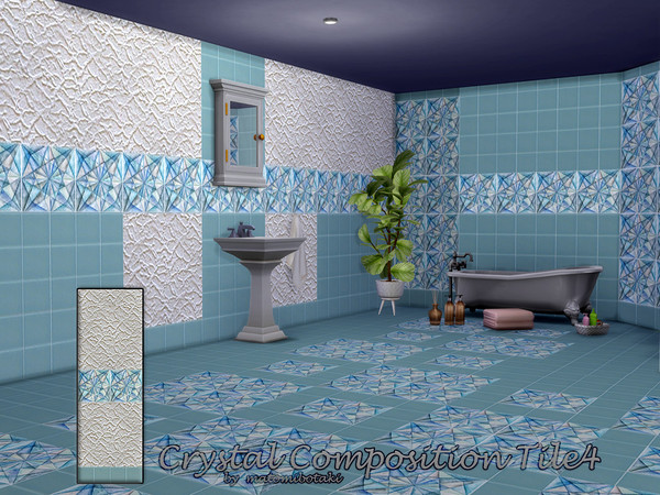 Sims 4 — Crystal Composition Tile4 by matomibotaki — 4 coordinated tile walls, some combined with woodchip wallpaper and