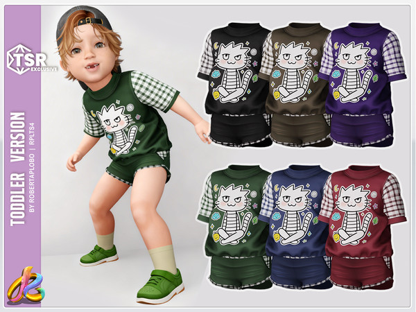 Sims 4 — Boy Top 345 - Toddler by RobertaPLobo — Cartoon Kitty Kids T-Shirt and Shorts Set - 345