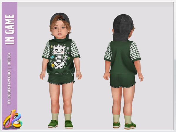 Sims 4 — Boy Bottom 345 - Toddler by RobertaPLobo — Cartoon Kitty Kids T-Shirt and Shorts Set - 345