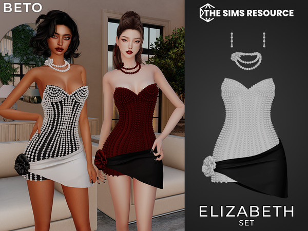 Sims 4 — By Beto - Elizabeth (Dress) by Beto_ae0 — Elegant and luxurious dress adorned with pearls, accompanied by a
